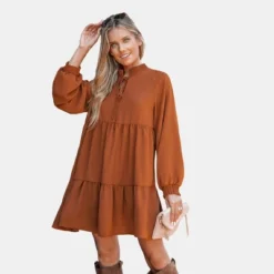 Women's Terra Cotta Tie Neck Flounce Mini Dress - Cupshe -Cupshe GUEST 6de31179 14eb 4734 8ec2 441cc9a453ba