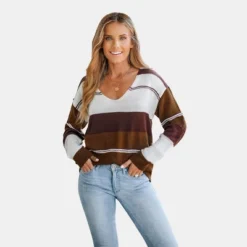 Women's Striped Colorblock V-Neck Sweater - Cupshe -Cupshe GUEST 70cf88ac 5f4a 478a a2fd c536bd8aae3b