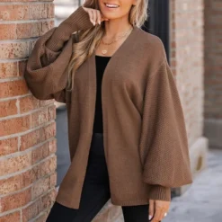 Women's Espresso Open-Knit Gigot Sleeve Cardigan - Cupshe -Cupshe GUEST 738f78a7 056d 4337 89e0 fba238c49885