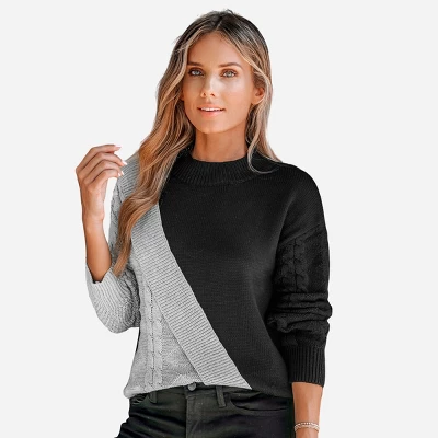 Women's Two-Tone Cable Knit Mock Neck Sweater - Cupshe 3 Women's Two-Tone Cable Knit Mock Neck Sweater - Cupshe