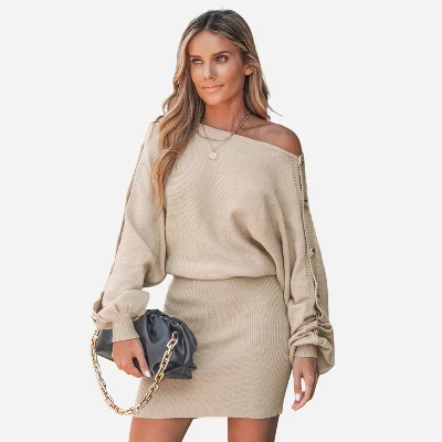 Women's Rib Buttoned One-shoulder Mini Sweater Dress - Cupshe 9 Women's Rib Buttoned One-shoulder Mini Sweater Dress - Cupshe - Image 7