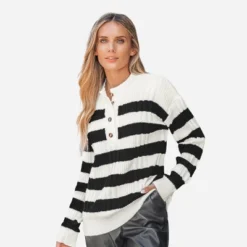 Women's Striped Half-Buttoned Sweater - Cupshe -Cupshe GUEST 829ef0e4 9921 4bae 8d50 72726719466b