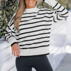 Women's Striped Turtleneck Drop Sleeve Sweater - Cupshe