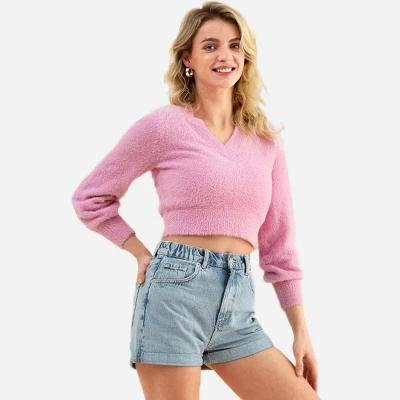 Women's V Neck Pull Over Crop Long Sleeve Sweater - Cupshe 8 Women's V Neck Pull Over Crop Long Sleeve Sweater - Cupshe - Image 6