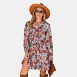 Women's Floral Print Peasant Sleeve A-line Mini Dress - Cupshe -Cupshe GUEST 9c2e3b3f ae3f 4048 8663 2cd6efc2ac39