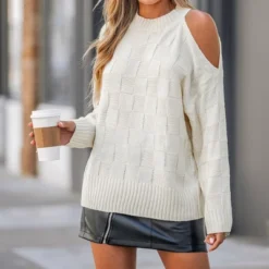 Women's Checker Cutout Shoulder Long Sleeve Sweater - Cupshe -Cupshe GUEST 9f58ca3f 672a 493e 82a6 22a9ed05aaec