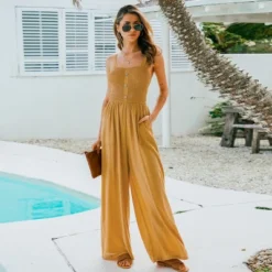 Women's Button Front Smocked Wide Leg Jumpsuit - Cupshe -Cupshe GUEST a2237b35 db26 4647 8c52 9a5e1899f84b