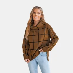 Women's Grid Print Drop Sleeve Turtleneck Sweater - Cupshe -Cupshe GUEST a8b84f17 ef68 4806 bbbf a4b0fdc602e0