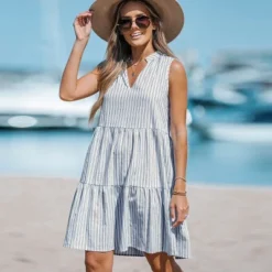 Women's Striped V-Neck Mini Dress - Cupshe -Cupshe GUEST a9727ed3 e992 4d6f aaee 676a2175cf63