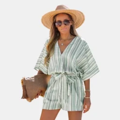 Women's Belted Surplice Neck Striped Romper - Cupshe -Cupshe GUEST acad92d5 8bb9 492b b8eb 4348965ff060