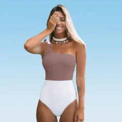 Women's One Piece Swimsuit Color Block One Shoulder Bowknot Bathing Suit -Cupshe -Cupshe GUEST ad83c69f efb0 4f51 8e72 3f51fde35489
