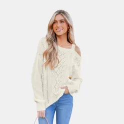 Women's Cutout Cable Knit One-Shoulder Sweater - Cupshe -Cupshe GUEST af740320 87ec 4e15 913d ff8cd84f955c