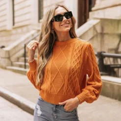 Women's Cable Knit Long Bishop Sleeve Sweater - Cupshe -Cupshe GUEST b050bb7a 47ee 4345 ab2b cabc3e188ae9