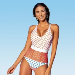 Women's Geo Print Scoop Neck One Piece Swimsuit - Cupshe -Red/White -Cupshe GUEST b15ad722 4894 4d63 aa9a 7a3eabdf98ac