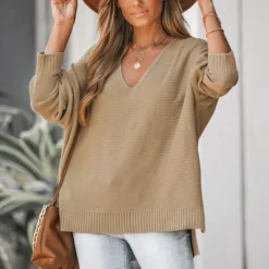 Women's V Neck Split Trim Oversized Sweater - Cupshe -Light Brown -Cupshe GUEST b219a2a1 3771 4a5b 8273 5b8d440c0b38