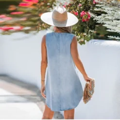 Women's Denim V-Neck Mini Dress - Cupshe -Cupshe GUEST b2b48140 ce5f 414d a458 f374b3bda8fb