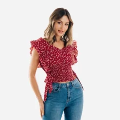 Women's Ruffle Lace Up Smocking Blouse - Cupshe -Cupshe GUEST b2baba60 2f7d 4d1c a993 3f55d045e4ad