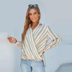 Women's Striped Surplice Neck Long Sleeve Shirt - Cupshe -Cupshe GUEST b3cfa890 2767 40b1 a73a 8a8904f6db89