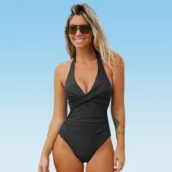 Women's Halter Cross Front One Piece Swimsuit -Cupshe -Cupshe GUEST b42a06f2 ca00 4267 810a 5b023d68633f