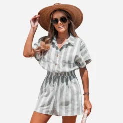 Women's Striped Basic Collar Romper - Cupshe -Cupshe GUEST b57191ab 36f9 4353 9361 c7ee865ee050