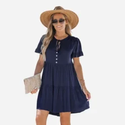 Women's Tie Neck Button-Front Babydoll Dress - Cupshe -Cupshe GUEST b6c3c6bd 72ad 47cc 9c1e 49bdef1095a7