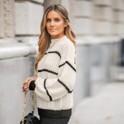 Women's Striped Mock Neck Chunky Knit Sweater - Cupshe -Cupshe GUEST b8a4d9be 8bae 4c37 af71 8ab5e97889a4