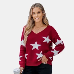 Women's Star Pattern V-Neck Drop Sleeve Sweater - Cupshe -Cupshe GUEST ba0b14d0 8424 4817 8515 3ddc21c9c7cc