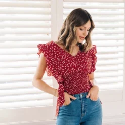 Women's Ruffle Lace Up Smocking Blouse - Cupshe -Cupshe GUEST baf1e759 10fd 4a15 abdb 42e6a893717f