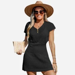 Women's Crochet Knit Cutout V-Neck Cover-Up Mini Dress - Cupshe -Cupshe GUEST bb15a27d 2665 4f7c a2e0 a445a917e777