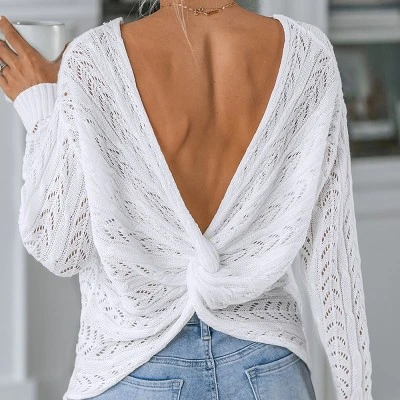 Women's Pointelle Knit Twisted-Back Sweater - Cupshe 4 Women's Pointelle Knit Twisted-Back Sweater - Cupshe - Image 2