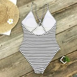 Women's Stripe Crisscross One Piece Swimsuit - Cupshe -Black/White -Cupshe GUEST bbb4fa39 afc9 4b86 9920 bc8619f93f75