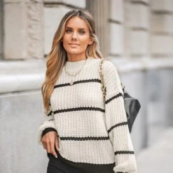 Women's Striped Mock Neck Chunky Knit Sweater - Cupshe -Cupshe GUEST bfc6fbc6 d829 4f50 92fb 95ff69f198a8