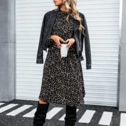 Women's Long Sleeve Speckled Print A Line Midi Dress - Cupshe -Black -Cupshe GUEST c86da33f 042d 4036 8e57 9736895695f8