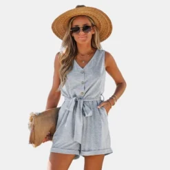 Women's Belted V-Neck Sleeveless Romper -Cupshe -Cupshe GUEST c900ee36 693f 45e6 97fe 1fc845e60d6a