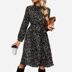 Women's Long Sleeve Speckled Print A Line Midi Dress - Cupshe -Black -Cupshe GUEST c902bda8 1a6b 4e1b bd7f aaade18c90d5