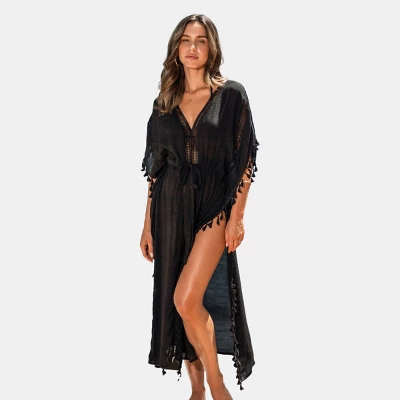 Women's Cover Up Tassel Trim Belted Side Split Midi Length Beachwear-Cupshe 7 Women's Cover Up Tassel Trim Belted Side Split Midi Length Beachwear-Cupshe - Image 5