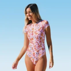 Women's Floral Short Sleeve Rash Guard Zipper Front One Piece Swimsuit - Cupshe -Cupshe GUEST ca061083 9818 4282 a21f 3c2605b5780b