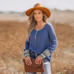 Women's Geo Print Half-Buttoned Henley Sweater - Cupshe -Cupshe GUEST ca07858a 6423 44a8 835b ffaaf8ad78bf