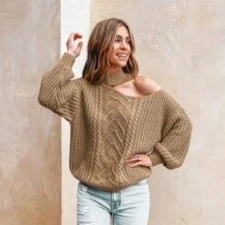 Women's Cable Knit Cutout Mock Neck Sweater - Cupshe -Cupshe GUEST ca4d2a84 0492 4670 81af 838bb8bde1c0