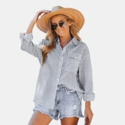 Women's Striped Flap Pocket Dropped Long Sleeve Shirt -Cupshe -Cupshe GUEST cbcff930 ccfb 4775 88a8 4bacac2c016d