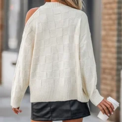 Women's Checker Cutout Shoulder Long Sleeve Sweater - Cupshe -Cupshe GUEST cbe074d7 9c17 4b33 aba6 c79df1884644