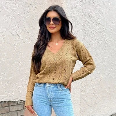 Women's Pointelle Knit V Neck Long Sleeve Sweater -Cupshe 5 Women's Pointelle Knit V Neck Long Sleeve Sweater -Cupshe - Image 3