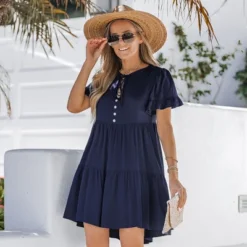 Women's Tie Neck Button-Front Babydoll Dress - Cupshe -Cupshe GUEST d0b1b581 9868 4982 9fba b4dcca708f8f