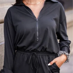 Women's Drawstring Half-Zip Long Sleeve Romper - Cupshe