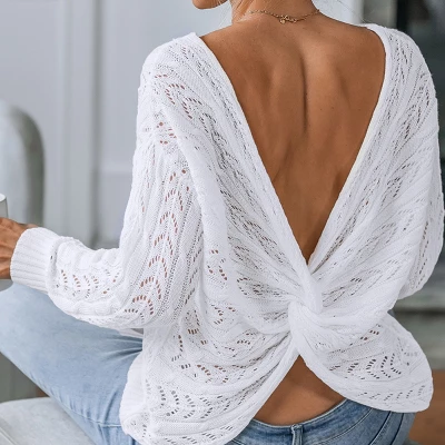 Women's Pointelle Knit Twisted-Back Sweater - Cupshe 5 Women's Pointelle Knit Twisted-Back Sweater - Cupshe - Image 3