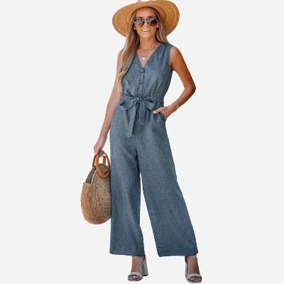 Women's Belted V-Neck Buttoned Jumpsuit - Cupshe 9 Women's Belted V-Neck Buttoned Jumpsuit - Cupshe - Image 7
