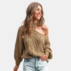 Women's Cable Knit Cutout Mock Neck Sweater - Cupshe -Cupshe GUEST e169c2df d7b1 4b5e 8df9 9152bebe5d2c