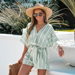 Women's Belted Surplice Neck Striped Romper - Cupshe