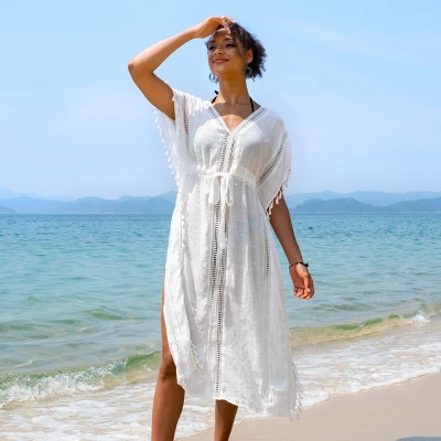 Women's Cover Up Tassel Trim Belted Side Split Midi Length Beachwear-Cupshe 3 Women's Cover Up Tassel Trim Belted Side Split Midi Length Beachwear-Cupshe