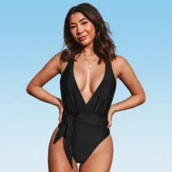 Women's Tie Front Plunging One Piece Swimsuit - Cupshe - Black -Cupshe GUEST e6993053 850c 401a 80fc 0f8c917b405e